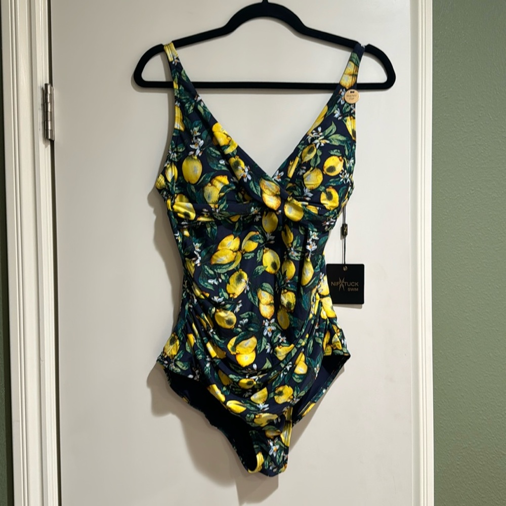 Swim suit one piece lemon & navy blue with French cut legs and multi fit cups